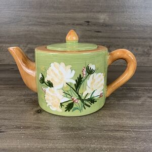 Vintage Teapot Hand Painted Flowers Ceramic Teapot Designpac Green 4 Inch